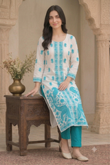 White Kashmiri Woollen Salwar Kameez with Teal Embroidery CraftKashmir