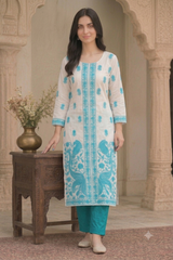 White Kashmiri Woollen Salwar Kameez with Teal Embroidery CraftKashmir
