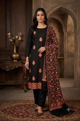 Black Kashmiri woollen salwar kameez with heavy embroidered stole
