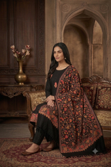 A woman seated on an ornate sofa in a richly decorated room, wearing a black traditional outfit with a large black dupatta featuring dense red and orange floral embroidery.