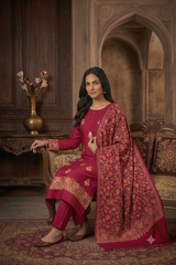 Maroon Kashmiri Woollen Salwar Kameez with Heavy Embroidered Stole CraftKashmir
