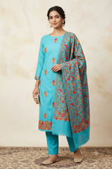 Blue Kashmiri woollen salwar kameez with heavy embroidered stole