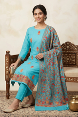 Heavy Kashmiri embroidery on blue woollen salwar kameez