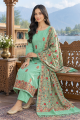 Green Kashmiri Woollen Unstitched Salwar Kameez with Aari Work & Jaal Stole CraftKashmir
