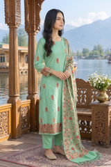Green Kashmiri Woollen Unstitched Salwar Kameez with Aari Work & Jaal Stole CraftKashmir