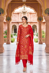 Red Kashmiri Woollen Unstitched Salwar Kameez with Heavy Aari Jaal & Stole CraftKashmir