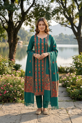 Bottle Green Kashmiri Woollen Unstitched Salwar Kameez with Aari Jaal & Stole CraftKashmir