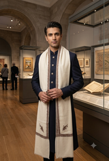  Men’s beige semi pashmina Kashmiri Sozni shawl with embroidered border