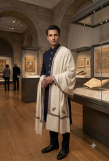 Hand-embroidered men’s Kashmiri shawl with traditional paisley motifs