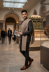 A man in a museum wearing a dark gray suit, a beige shawl, and brown leather shoes, holding a tablet. The background shows a grand hall with arches, a stone sarcophagus, and other visitors.