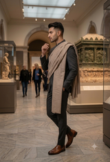A man in a dark gray suit and brown leather shoes walks through a museum, wearing a light beige shawl draped over his shoulders.