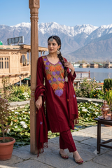 Maroon Kashmiri Woollen Salwar Kameez with Aari Embroidery & Motif Stole CraftKashmir