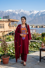 Maroon Kashmiri Woollen Salwar Kameez with Aari Embroidery & Motif Stole CraftKashmir