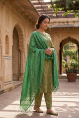 Green Kashmiri Woollen Salwar Kameez with Aari Embroidery & Motif Stole CraftKashmir