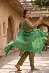 Green Kashmiri Woollen Salwar Kameez with Aari Embroidery & Motif Stole CraftKashmir