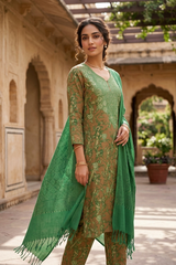 Green Kashmiri Woollen Salwar Kameez with Aari Embroidery & Motif Stole CraftKashmir