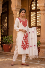 White Woollen Salwar Kameez with Kashmiri Embroidery & Stole CraftKashmir