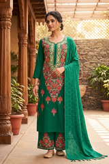 Green Unstitched Woollen Salwar Kameez with Kashmiri Embroidery & Stole CraftKashmir