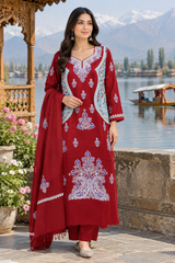Maroon Kashmiri woollen unstitched salwar kameez with embroidered stole