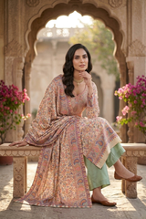 Model wearing pastel green Kashmiri woollen unstitched suit