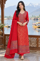 Model wearing red Kashmiri woollen unstitched salwar kameez with stole
