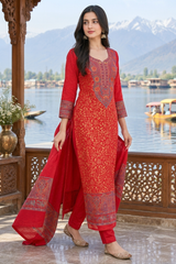 Red Kashmiri Woollen Unstitched Salwar Kameez with Stole CraftKashmir
