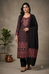 Black Kashmiri Kani unstitched woollen suit with stole