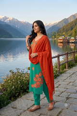 Green Kashmiri Woollen Unstitched Salwar Kameez with Stole CraftKashmir