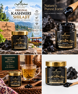 A four-panel collage showcasing Craft Kashmiri Original Kashmiri Shilajit. The panels feature the black glass jar with a gold lid, showing the thick black resin dripping from the open top, along with scenic background elements like mountains, lakes, and a glass of the prepared herbal paste.