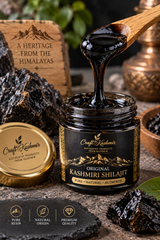 Original Kashmiri Shilajit resin in a jar with glossy resin lifted on a wooden spoon