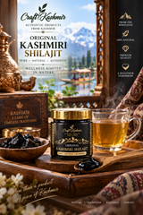 Original Kashmiri Shilajit resin jar with traditional Kashmiri setting and Himalayan landscape