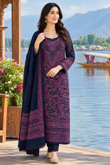 Model showcasing black Kashmiri Kani woollen unstitched salwar kameez with stole