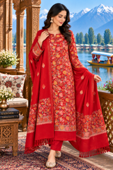 A woman models a red three-piece ethnic suit with intricate floral embroidery and a matching dupatta, set against a scenic background of a lake, mountains, and boats.