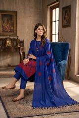 A woman models a royal blue three-piece salwar kameez suit with red floral embroidery, seated in a classic indoor setting with a blue armchair and warm-toned walls.