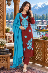 Maroon Kashmiri Woollen Unstitched Salwar Kameez with Stole CraftKashmir