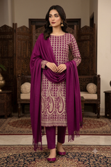 Wine Kashmiri Woollen Unstitched Salwar Kameez with Stole CraftKashmir
