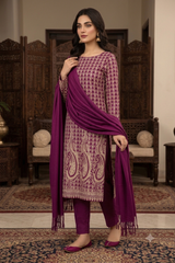Wine Kashmiri Woollen Unstitched Salwar Kameez with Stole CraftKashmir