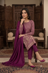 Wine Kashmiri Woollen Unstitched Salwar Kameez with Stole CraftKashmir