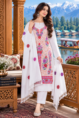 White Kashmiri Woollen Unstitched Salwar Kameez with Stole CraftKashmir