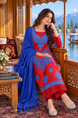 Red Kashmiri Woollen Unstitched Salwar Kameez with Stole CraftKashmir
