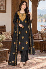 Black Kashmiri woollen unstitched suit with embroidered stole