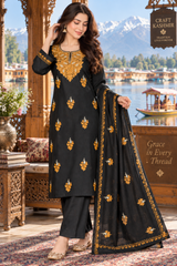 Black Kashmiri woollen unstitched suit with embroidered stole, front view