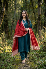 Red Kashmiri Wool Shawl with Check Pattern CraftKashmir