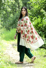 White Kashmiri Aari Embroidered Wool Shawl CraftKashmir