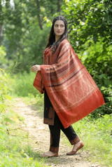 Orange Kashmiri Wool Shawl with Striped Pattern CraftKashmir