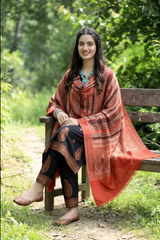 Orange Kashmiri Wool Shawl with Striped Pattern CraftKashmir