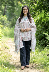 White Kashmiri Wool Shawl with Striped Pattern CraftKashmir