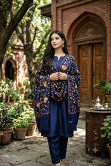 Blue Kashmiri Aari Embroidered Wool Shawl CraftKashmir