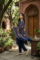 Blue Kashmiri Aari Embroidered Wool Shawl CraftKashmir