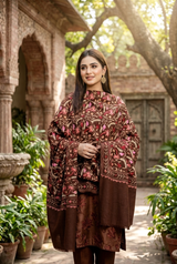 Brown Kashmiri Aari Wool Shawl with Heavy Jaal Design CraftKashmir
